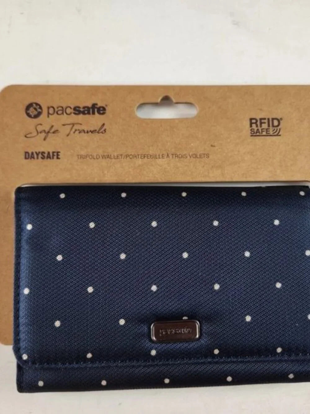 Pacsafe  Daysafe RFID Blocking Trifold Wallet  Navy Polka Dot  New with Tags